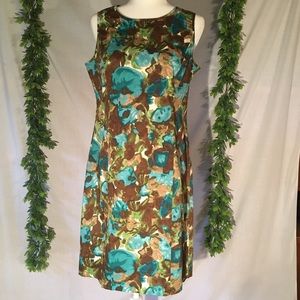 Talbots Floral Print Cotton Dress Blue Green Brown